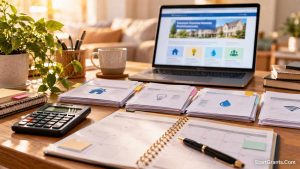 Household bills, a calculator, and a monthly planner arranged on a desk.