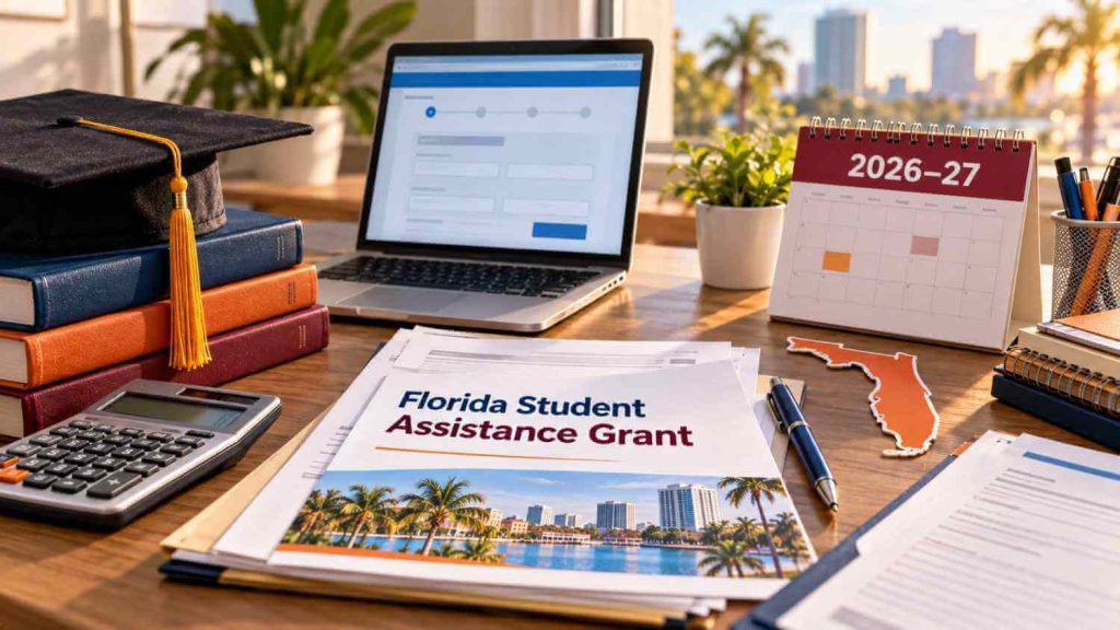 Laptop with financial aid forms, graduation cap, books, calculator, and a 2026–27 calendar for the Florida Student Assistance Grant
