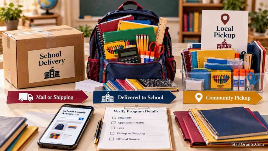 School-supply package, filled backpack, and local pickup kit representing different ways to receive free supplies