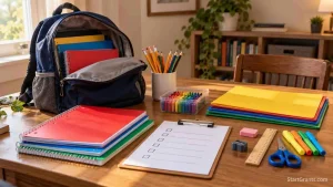 Backpack, notebooks, pencils, and a school supply list arranged on a desk.