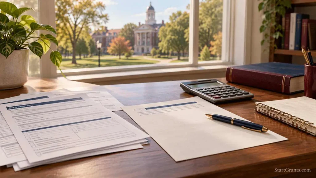 Generic financial aid forms, a calculator, notebook, and textbook arranged on a desk.