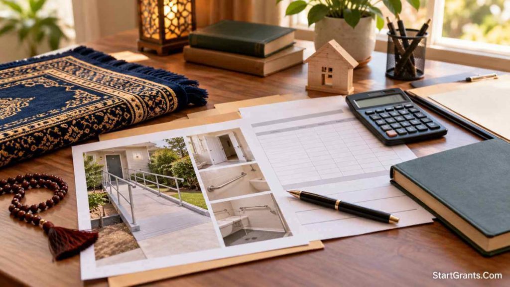 Home modification papers, a calculator, prayer beads, and a folded prayer rug on a desk.