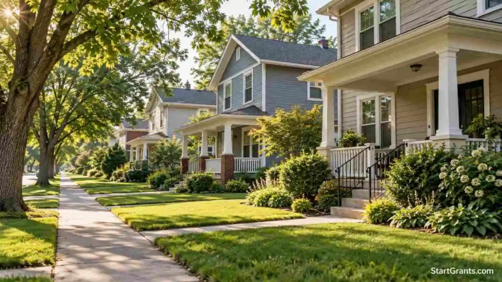 Modest duplexes and small homes along a quiet residential street with sidewalks and trees.