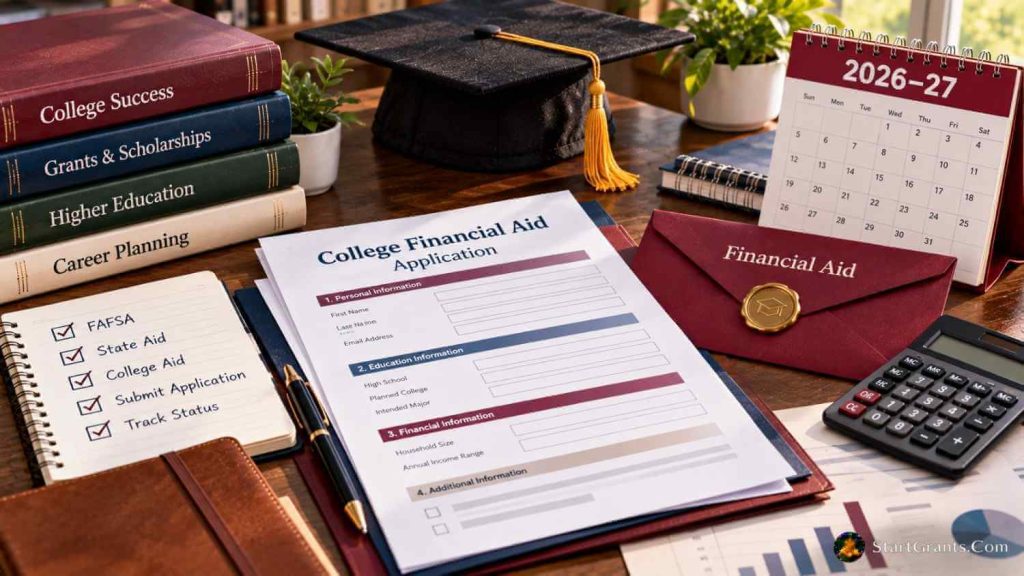 Financial aid application with graduation cap, calculator, books, checklist, and 2026–27 calendar