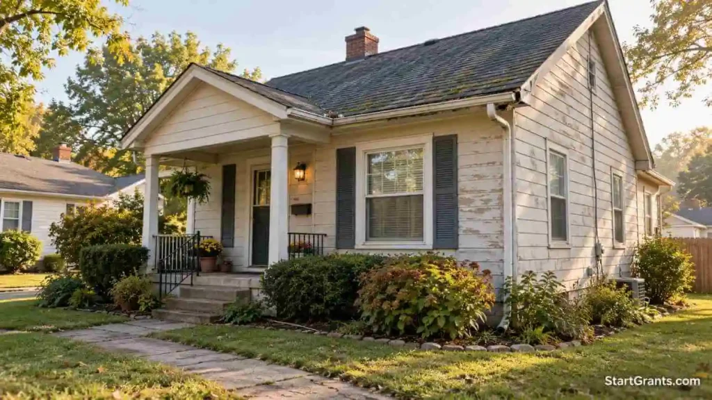 Modest single-story house with weathered siding, an aging roof, and a gutter needing repair.