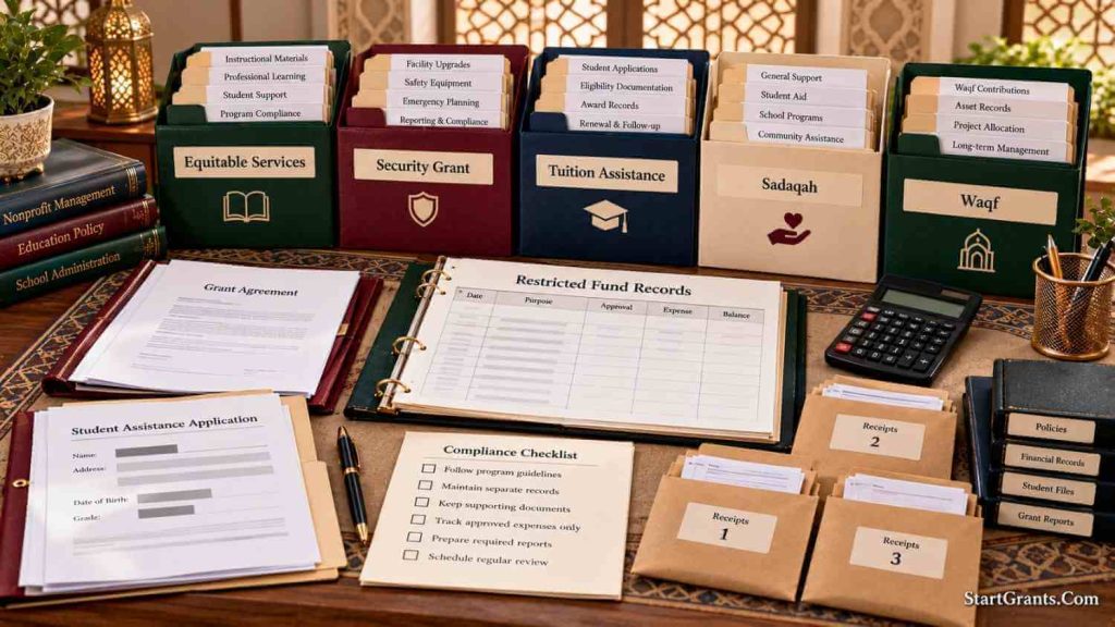 Separate equitable-services, security-grant, tuition-assistance, sadaqah, and waqf folders surrounding a restricted-fund ledger