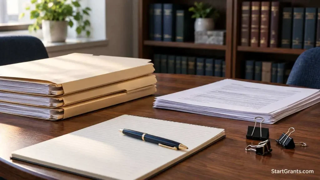 Plain file folders, paperwork, a blank notepad, and a pen on a consultation table.