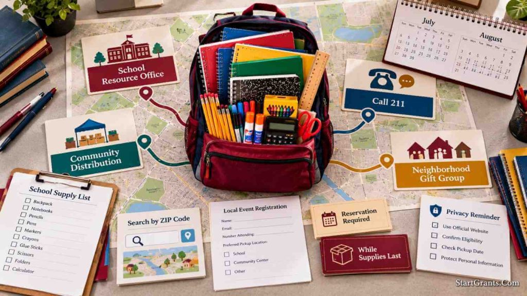 Community map connecting a school office, 211, local distribution, and neighborhood gift group to a backpack of supplies