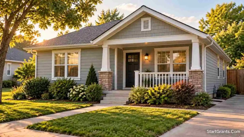 Modest single-story bungalow with a covered porch, short driveway, and small front yard.