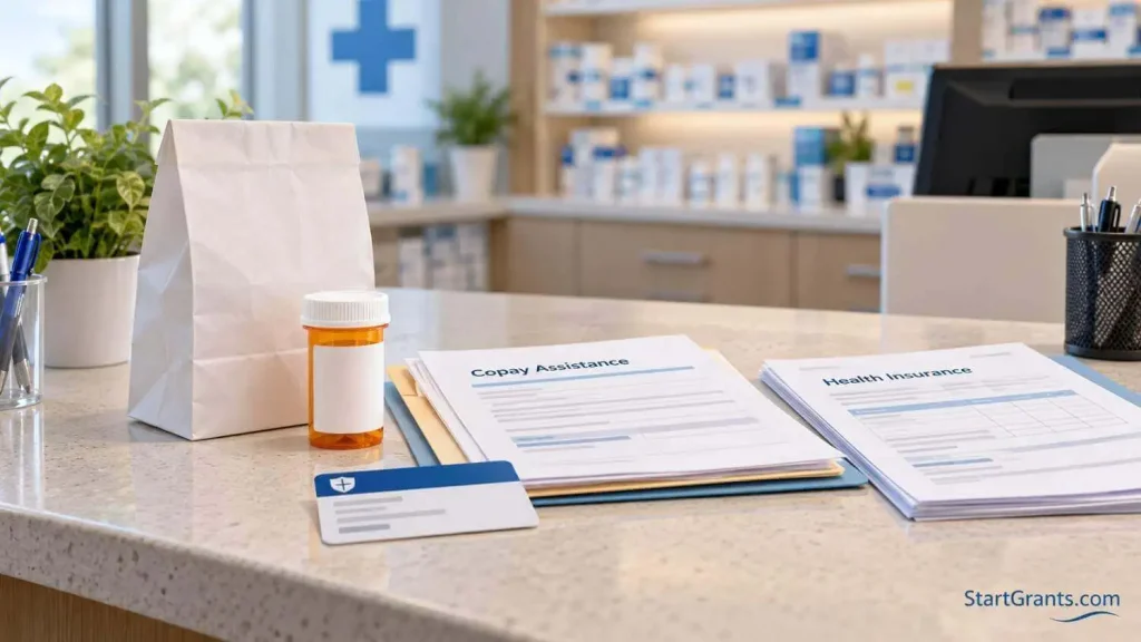 Unbranded prescription bottle and pharmacy paperwork arranged on an empty consultation counter.
