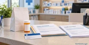 Unbranded prescription bottle and pharmacy paperwork arranged on an empty consultation counter.