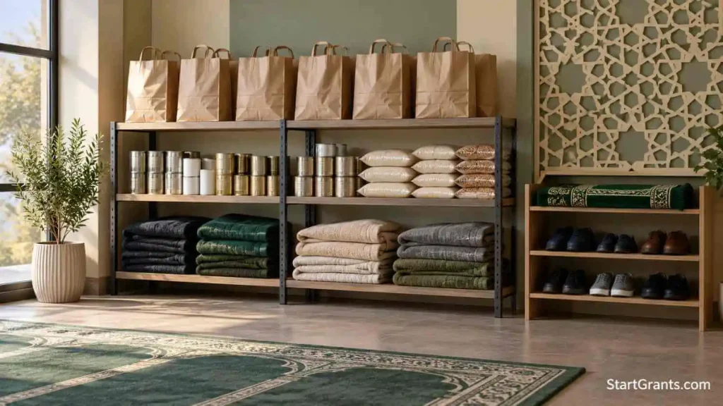 Grocery bags and folded blankets on community shelves beside a shoe rack and folded prayer rug.