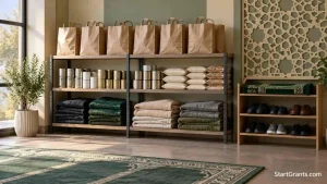 Grocery bags and folded blankets on community shelves beside a shoe rack and folded prayer rug.