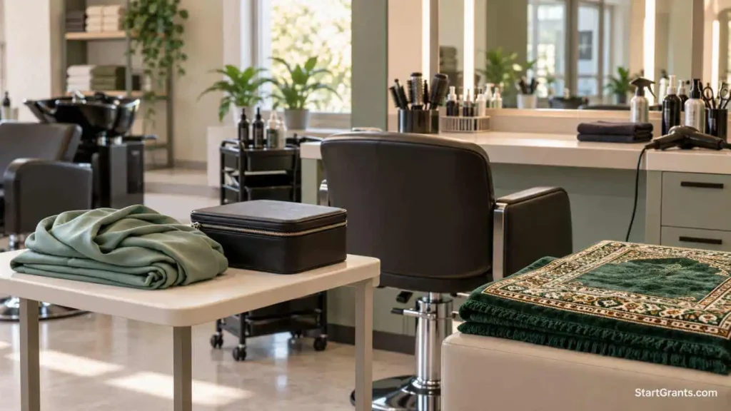 Folded hijab and prayer rug beside a closed cosmetology kit at a salon training station.