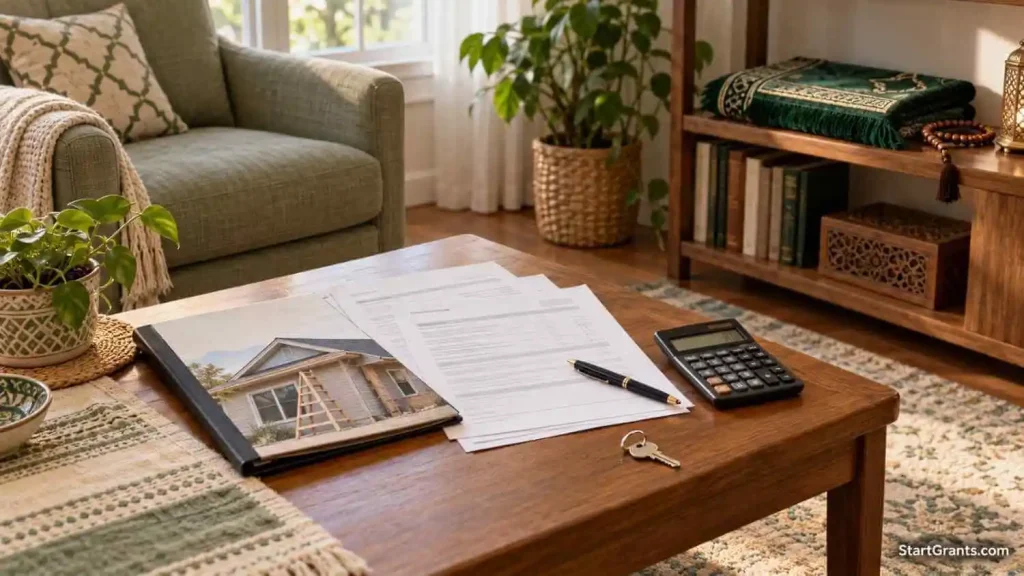 Home repair paperwork, calculator, and house key on a low table beside a shelf with a folded prayer rug and prayer beads.
