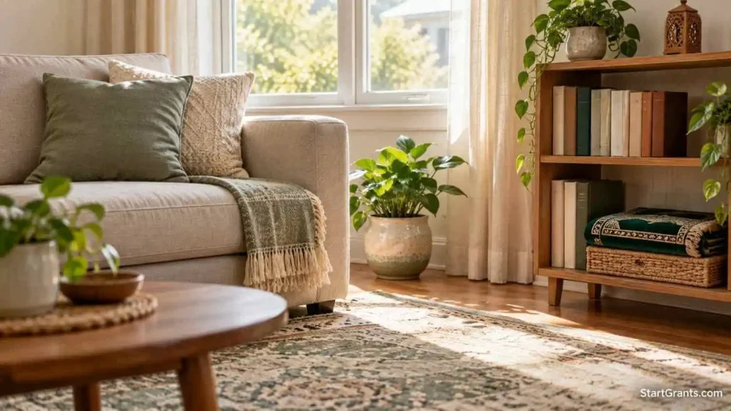 Modest living-room corner with a sofa, wooden bookshelf, folded prayer rug, and sunlit window.