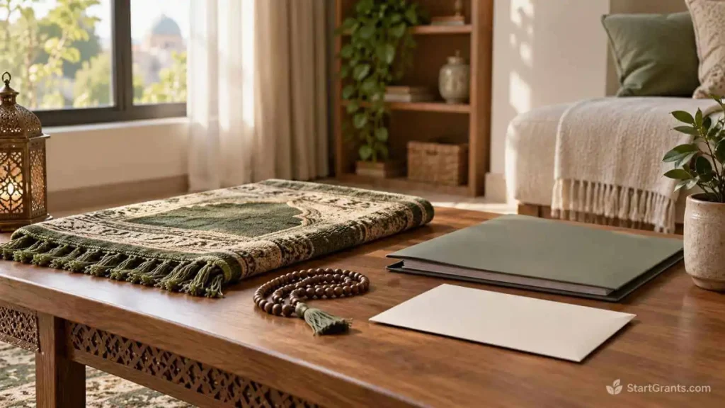 Folded prayer rug and prayer beads beside a closed medical-bill folder and plain application envelope.