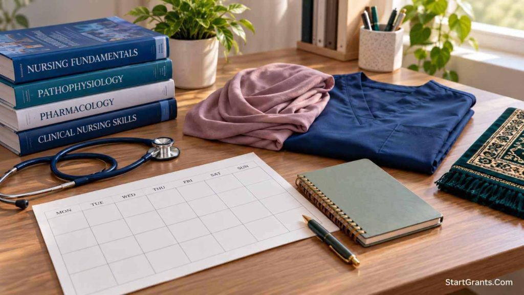 Nursing textbooks, a stethoscope, folded hijab, and blank schedule arranged on a desk.