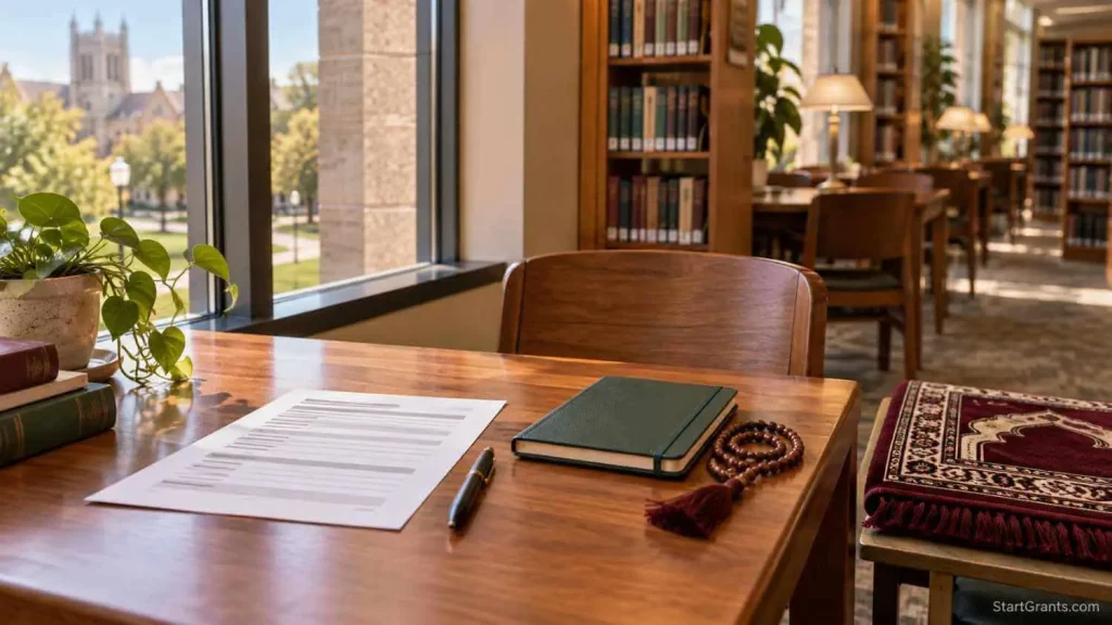 Folded prayer rug, prayer beads, notebook, and funding worksheet in a quiet university study nook.