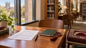 Folded prayer rug, prayer beads, notebook, and funding worksheet in a quiet university study nook.