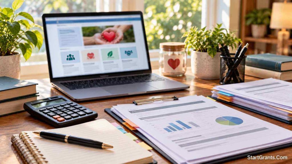 Laptop with a generic nonprofit research page beside a calculator, notebook, and financial papers.