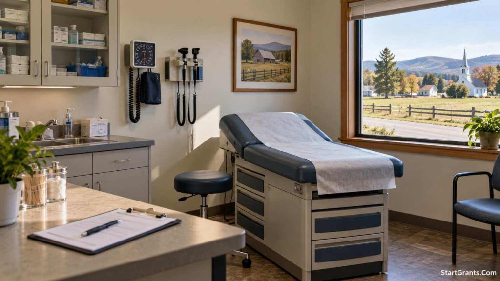 Empty rural clinic examination room with a stethoscope, blood pressure monitor, and medical supplies.