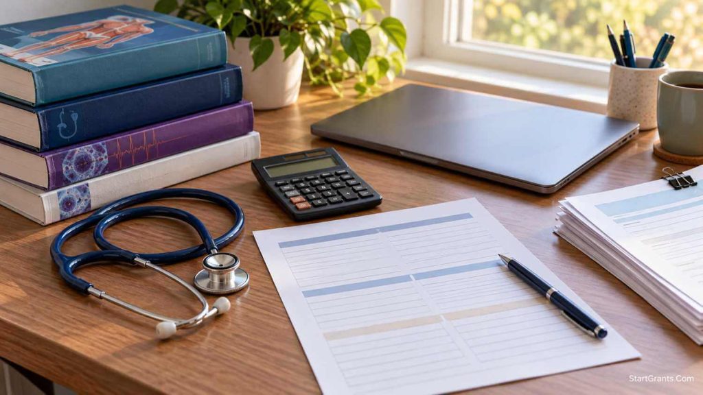 Nursing textbooks, a stethoscope, and scholarship planning papers arranged on a study desk.