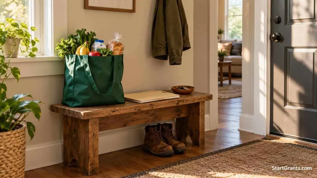 Grocery bag and document folder on an entryway bench with work boots underneath.