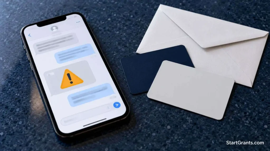 Smartphone showing a generic warning symbol beside two blank gift cards and a closed envelope.