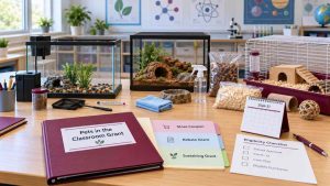 Empty classroom pet habitats with grant folders for store coupons, rebates, and sustaining support