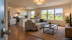 Modest apartment living room with a small sofa, bright windows, and an adjoining kitchen.