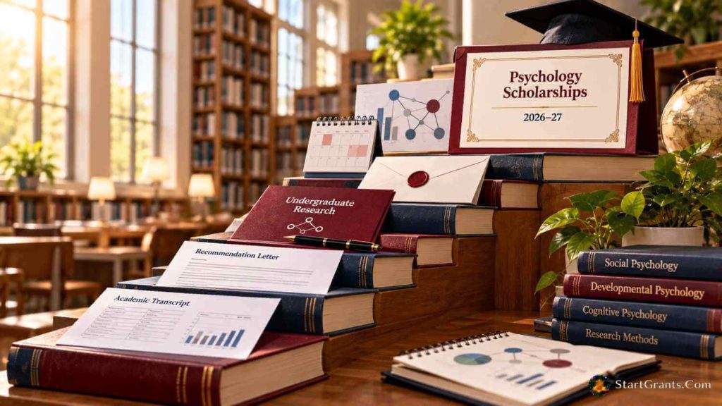 Book staircase leading to a psychology scholarship certificate, graduation cap, research proposal, transcript, and acceptance envelope
