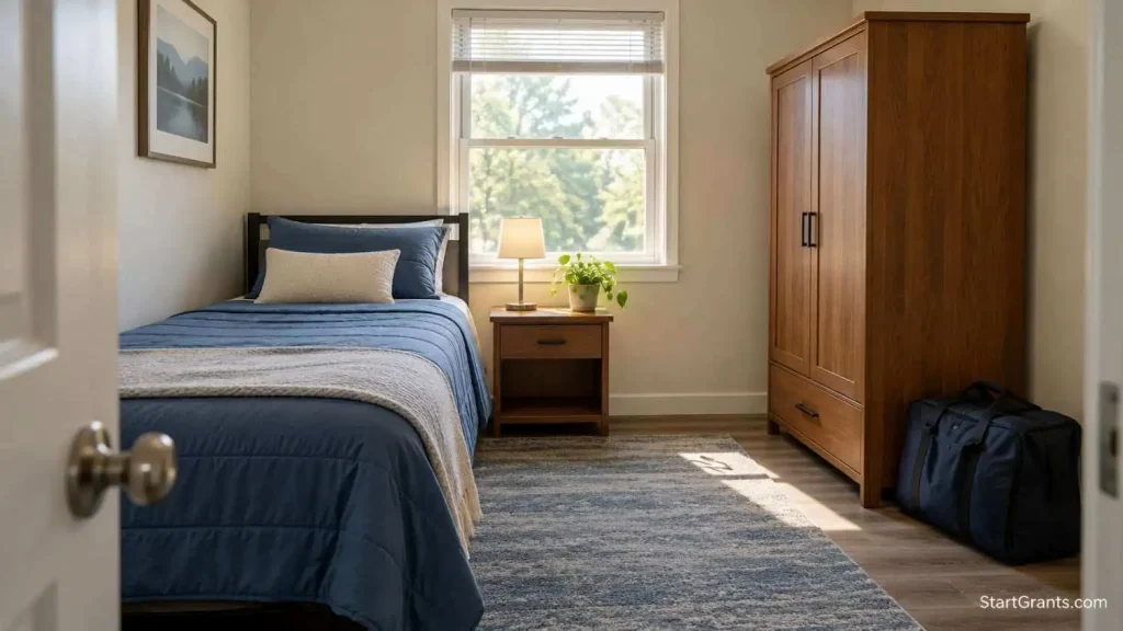 Simple bedroom with a twin bed, wooden wardrobe, travel bag, and daylight through a window.