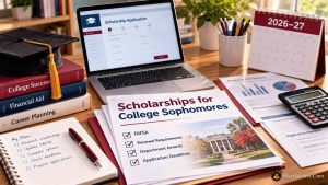 Laptop with scholarship application, financial aid documents, graduation cap, books, calculator, and a 2026–27 calendar