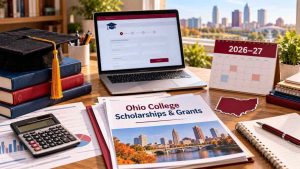 Laptop with scholarship forms, graduation cap, books, calculator, Ohio-shaped cutout, and a 2026–27 calendar