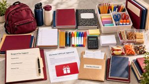 Notebooks, pencils, markers, calculator, backpack, snacks, generic electronic gift card, and receipt envelope