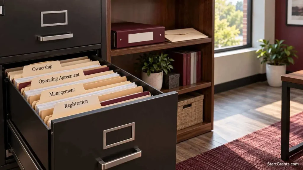 Business records folders labeled ownership, operating agreement, management, and registration.