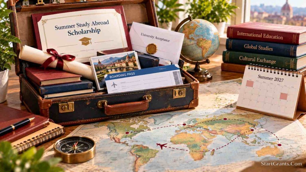 Open travel trunk on a world map with scholarship documents, academic books, a globe, compass, and Summer 2027 calendar