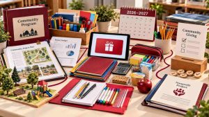 Grant folder, generic electronic gift card, school supplies, community project materials, and voting tokens representing Target funding options