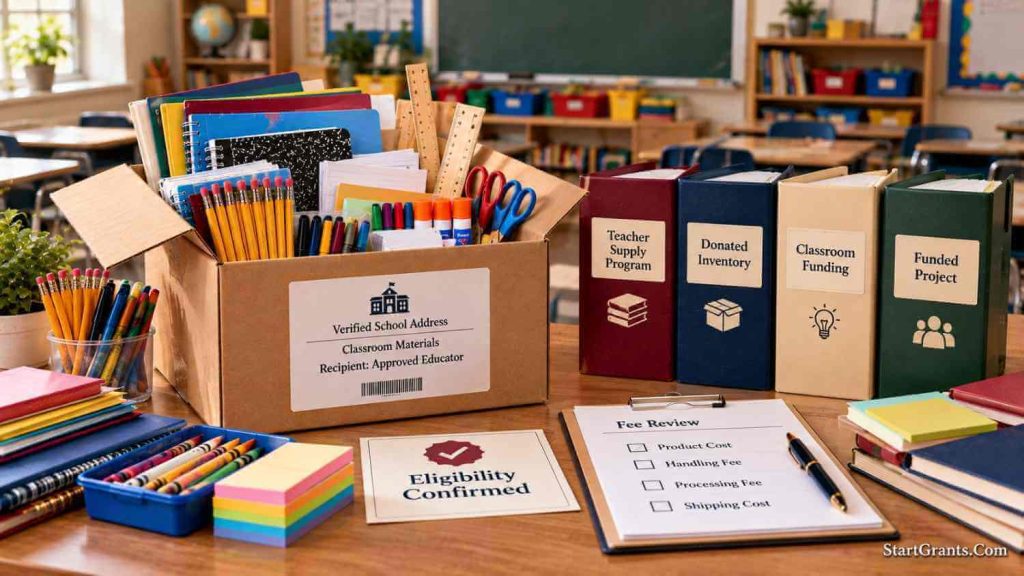 Open classroom-supply box with verified school shipping label, eligibility folders, and fee checklist