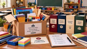 Open classroom-supply box with verified school shipping label, eligibility folders, and fee checklist