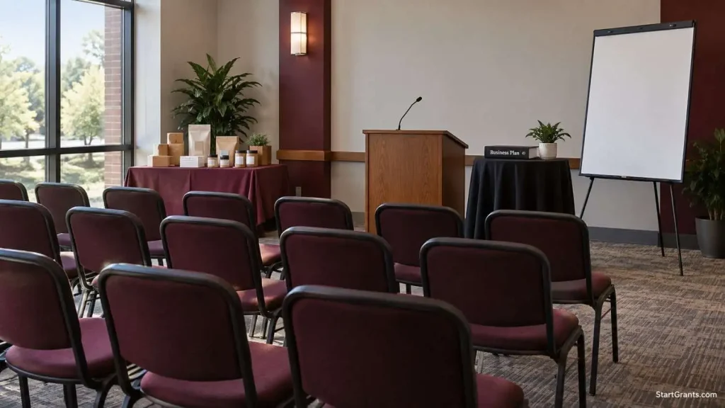 Empty business presentation room with a lectern, product display, and business-plan binder.