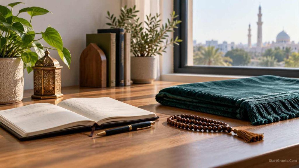 Notebook with blank notes beside prayer beads and a folded prayer rug.