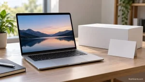 Refurbished laptop beside a plain white box and blank warranty card.
