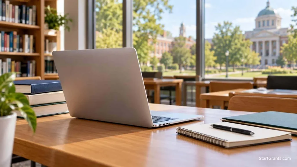 Laptop and course materials arranged on a table in a college library.