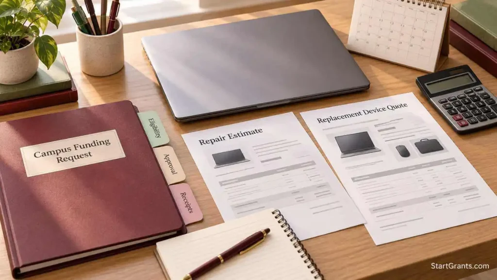 Laptop beside repair and replacement estimates, a campus funding request folder, pen, and calendar.