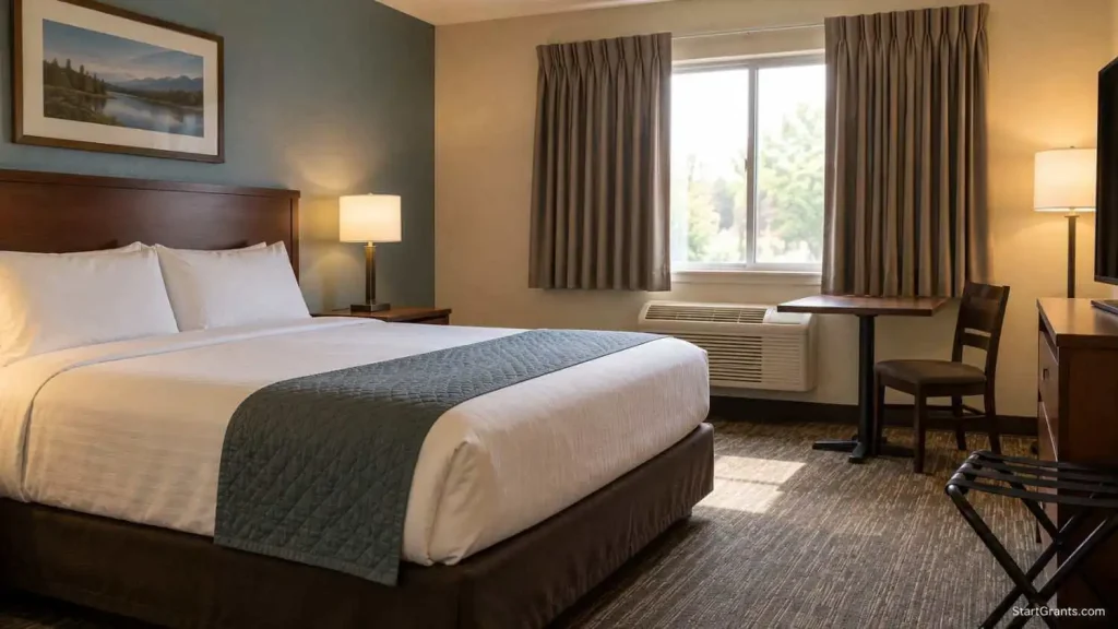 Clean modest motel room with a bed, window, and small table.