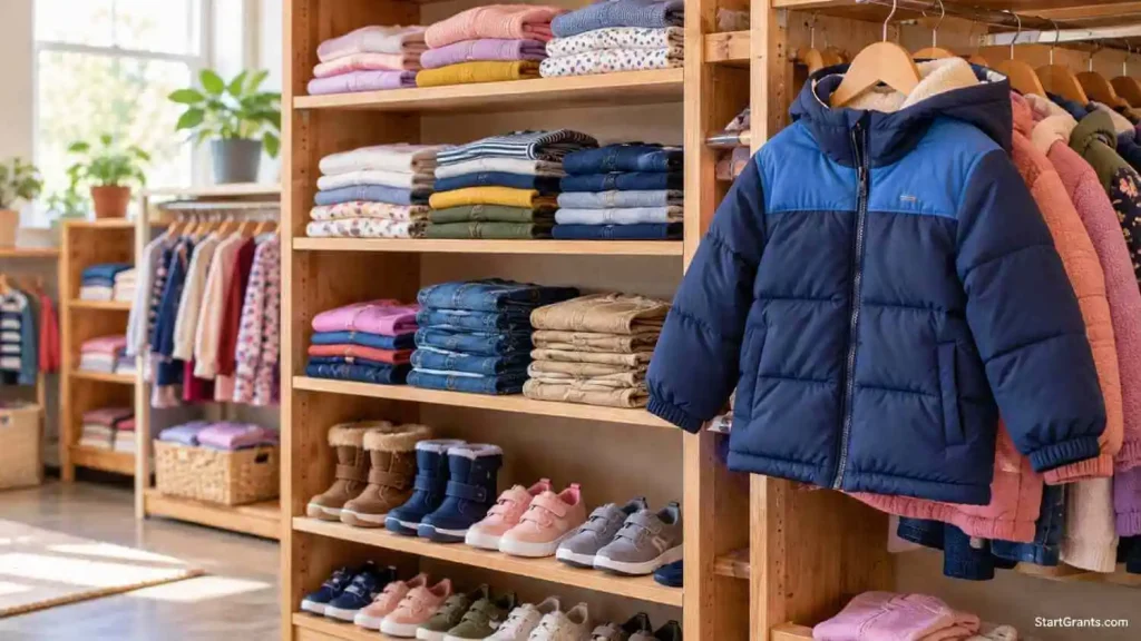 Children’s winter coat, folded clothes, and shoes arranged on shelves in a community clothing closet.