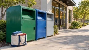 Clothing donation bins outside a community charity store.