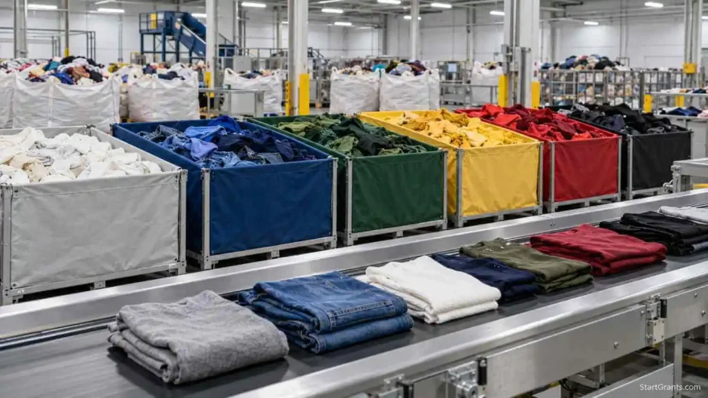 Sorted clothing at a textile reuse and recycling facility.